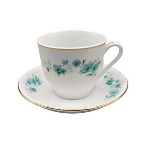 Tea Cup and Saucer Set Porcelain Turquoise Floral Pattern Flowers Gold Trim